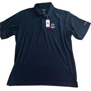 Antigua golf shirt NWT navy blue, embroidered logos XL